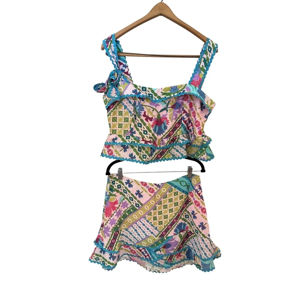 HerringStones Floral Patchwork 2 Piece Set Pink Blue Rickrack Ruffle‎ Skirt L